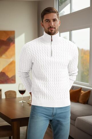 Askdeer Men's Quarter Zip Sweater Cable Knit Mock Neck Pullover Sweater Classic Casual Pullover with Ribbing Edge in Saudi Arabia