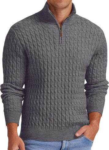 Askdeer Men's Quarter Zip Sweater Cable Knit Mock Neck Pullover Sweater Classic Casual Pullover with Ribbing Edge in Saudi Arabia