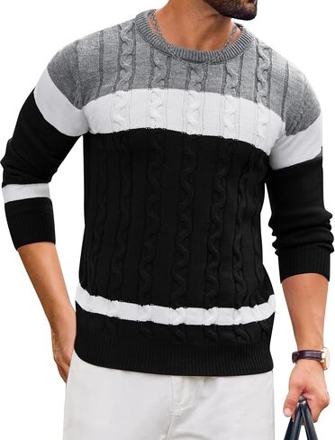 LecGee Mens Contrast Color Patchwork Sweater Crewneck Cable Knit Pullover Sweater Casual Twist Textured Sweaters in Saudi Arabia