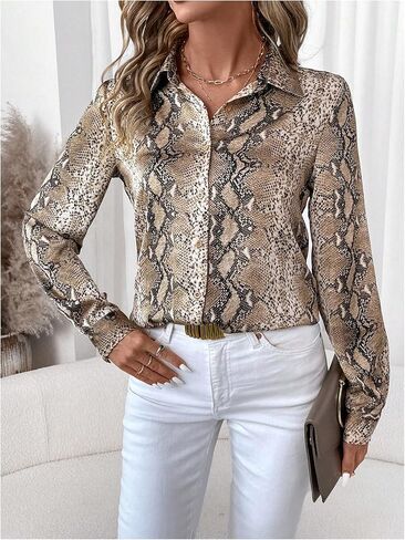 WDIRARA Women's Snakeskin Print Button Down Shirts Long Sleeve Blouse Business Work Tops in Kuwait
