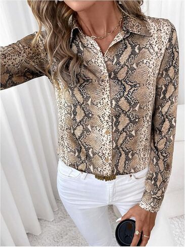 WDIRARA Women's Snakeskin Print Button Down Shirts Long Sleeve Blouse Business Work Tops in Kuwait