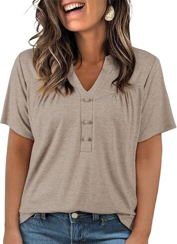 Eytino Plus Size T Shirts for Women Summer Short Sleeve V Neck Button Down Casual Basic Loose Tunic Tops(1X-5X) in Saudi Arabia