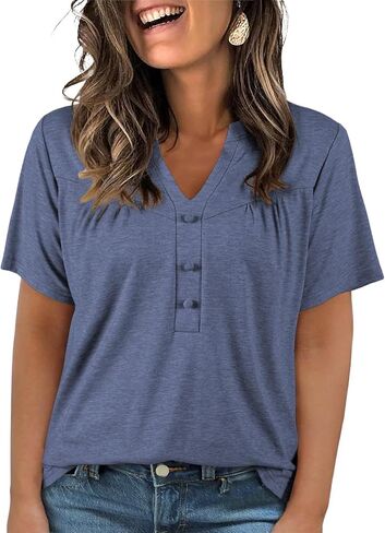 Eytino Plus Size T Shirts for Women Summer Short Sleeve V Neck Button Down Casual Basic Loose Tunic Tops(1X-5X) in Saudi Arabia