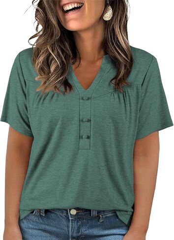 Eytino Plus Size T Shirts for Women Summer Short Sleeve V Neck Button Down Casual Basic Loose Tunic Tops(1X-5X) in Saudi Arabia