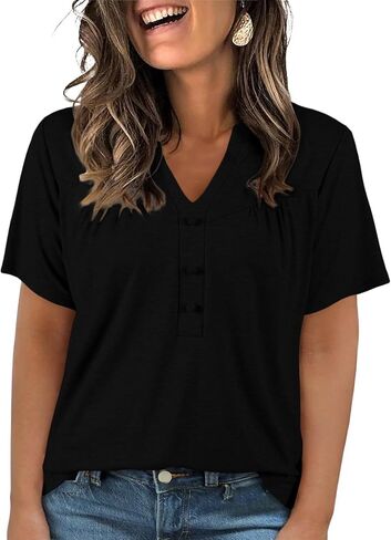 Eytino Plus Size T Shirts for Women Summer Short Sleeve V Neck Button Down Casual Basic Loose Tunic Tops(1X-5X) in Saudi Arabia