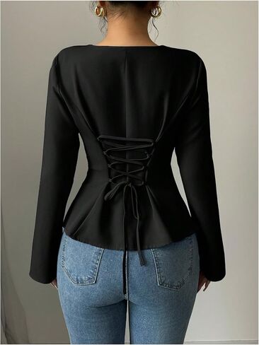 GORGLITTER Women's Dressy Asymmetrical Blouse Shirt Lace Up Back Bell Long Sleeve Business Work Tops in Saudi Arabia