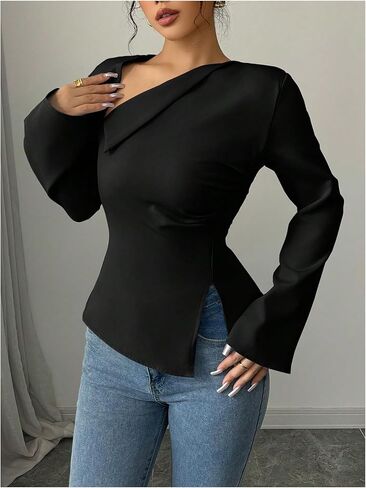 GORGLITTER Women's Dressy Asymmetrical Blouse Shirt Lace Up Back Bell Long Sleeve Business Work Tops in Saudi Arabia