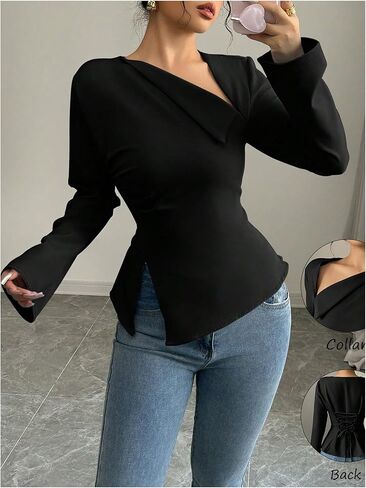 GORGLITTER Women's Dressy Asymmetrical Blouse Shirt Lace Up Back Bell Long Sleeve Business Work Tops in Saudi Arabia