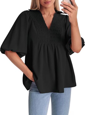 Cicy Bell Womens Summer Puff Sleeve Blouses Smocked V Neck Babydoll Peplum Casual Tunic Tops Loose Fit Pleated Shirts in Saudi Arabia