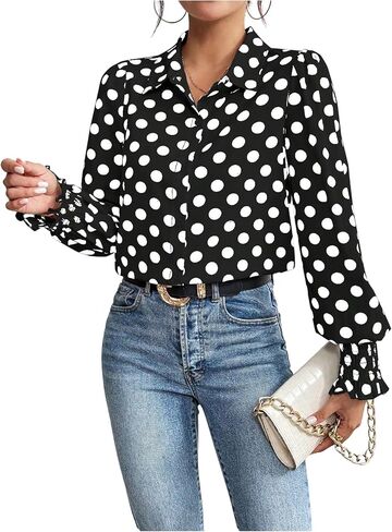 WDIRARA Women's Polka Dots Button Down Shirt Ruffle Bishop Long Sleeve Top Blouse in Saudi Arabia