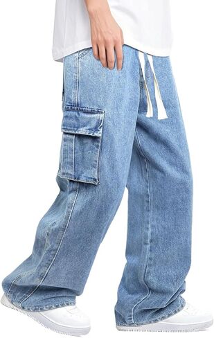 Mens Baggy Jeans Elastic Waisted Denim Pants for Men with Drawstring Streetwear in Kuwait