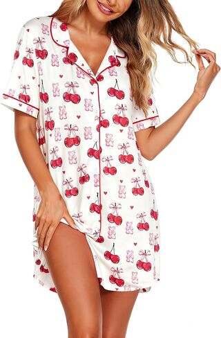 ASTANFY Christmas Nightgowns for Women Button Down Sleepshirt Short Sleeve Nightshirt Xmas Pajamas V Neck Nightdress in Saudi Arabia