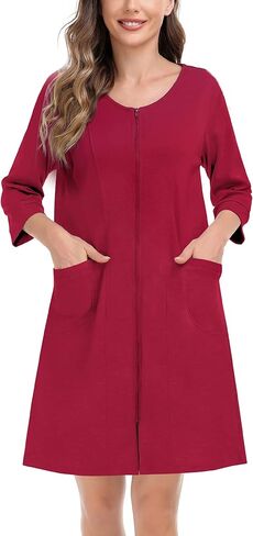 SWOMOG Women Zip Up Robe 3/4 Sleeve Housecoat Soft Cotton Zipper Front Nightgown Loungewear with Pockets in Saudi Arabia
