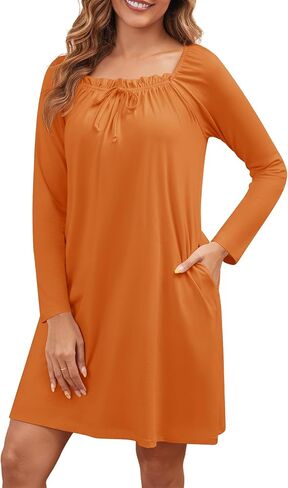 قمصان نوم قطنية للنساء، فستان منزلي ناعم بأكمام طويلة، قميص نوم لطيف مكشكش، قمصان نوم، ملابس نوم مع جيوب in Kuwait