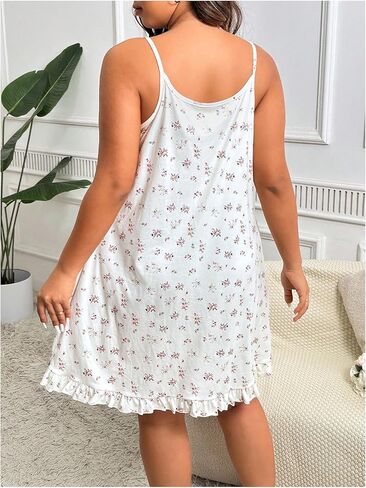 Women's Plus Size Lace Trim Sleep Dress Cute Floral Print Bow Ruffle V Neck Babydoll Nightgown Nightwear in Saudi Arabia