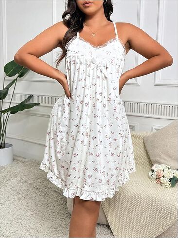 Women's Plus Size Lace Trim Sleep Dress Cute Floral Print Bow Ruffle V Neck Babydoll Nightgown Nightwear in Saudi Arabia