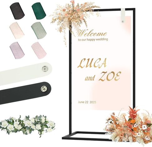 Elegant Wedding Sign Stand Holder, Sturdy Wedding Welcome Sign Holder with 8 Pair Satin Ribbon & 2 Leather Strap for Seating Charts & Event Decor Wedding Seating Chart Stand, Easel for Display (Black) in Saudi Arabia