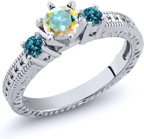 خاتم Gem Stone King 0.81 Cttw مستدير من Mercury Mist Mystic Topaz وLondon Blue Topaz Ring للنساء | 925 فضة استرلينية | خاتم الخطوبة والذكرى السنوية للزفاف للنساء in Kuwait