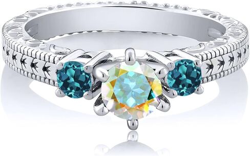 خاتم Gem Stone King 0.81 Cttw مستدير من Mercury Mist Mystic Topaz وLondon Blue Topaz Ring للنساء | 925 فضة استرلينية | خاتم الخطوبة والذكرى السنوية للزفاف للنساء in Kuwait