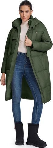 معطف منتفخ طويل للنساء من ALSOGO جاكيت مبطن سميك بغطاء للرأس مبطن للشتاء الدافئ مع جيوب بسحاب in Kuwait