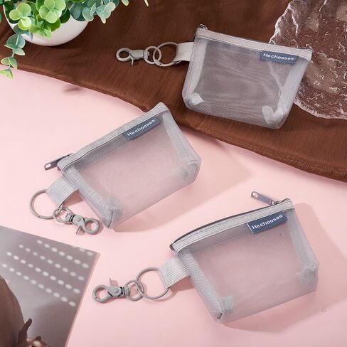 3Pcs Light Grey Rectangle Nylon Mesh Zipper Wallets Mini Coin Purses Pouch Nylon Mesh Storage Bags with Alloy Swivel Keychain Clasp for Lipstick Small Mirror Key 215mm in Saudi Arabia
