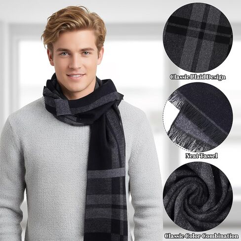 Mens Scarf Winter Warm Long Soft Plaid Scarf with Tassels Soft Classic Cashmere Feel Scarves for Mens in Saudi Arabia