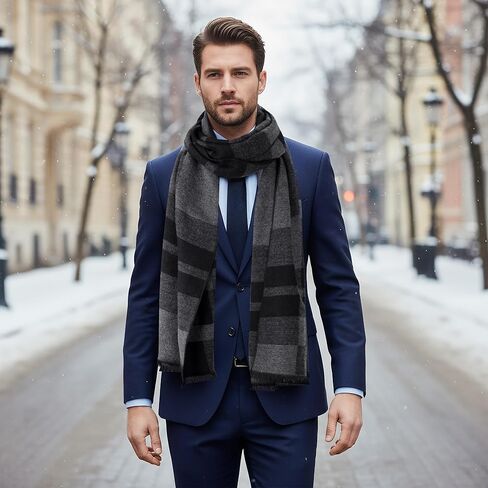 Mens Scarf Winter Warm Long Soft Plaid Scarf with Tassels Soft Classic Cashmere Feel Scarves for Mens in Saudi Arabia