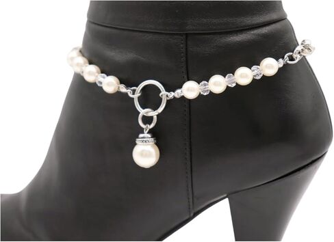 Trendy Fashion Jewelry Women Western Boot Chain Bling 2 Bracelet Silver Metal Imitation Pearl Beads Shoe Charm z272 PAIR in Saudi Arabia