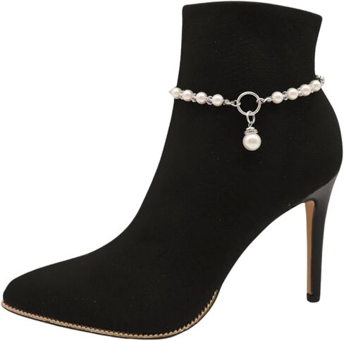Trendy Fashion Jewelry Women Western Boot Chain Bling 2 Bracelet Silver Metal Imitation Pearl Beads Shoe Charm z272 PAIR in Saudi Arabia