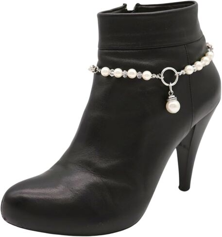 Trendy Fashion Jewelry Women Western Boot Chain Bling 2 Bracelet Silver Metal Imitation Pearl Beads Shoe Charm z272 PAIR in Saudi Arabia