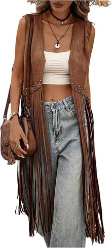 MakeMeChic Women's Rivet Suede Tassel Jacket Sleeveless Vest Open Front Cowboy Chic Vest Outerwear in Saudi Arabia