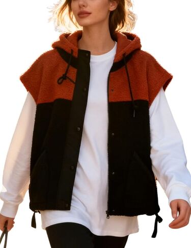 Womens Sherpa Hooded Vest Cozy Color-Block Sleeveless Jacket with Adjustable Drawstring Hem in Saudi Arabia