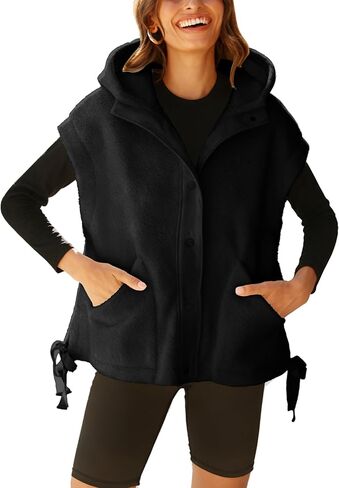Womens Hooded Fleece Vest Oversized Sleeveless Sherpa Jacket Warm Button Down Gilet Outerwear with Pockets in Saudi Arabia
