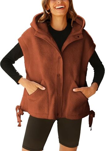 Womens Hooded Fleece Vest Oversized Sleeveless Sherpa Jacket Warm Button Down Gilet Outerwear with Pockets in Saudi Arabia