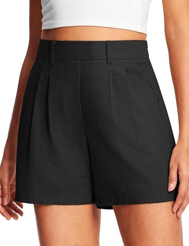 5" Linen Shorts for Women Elastic Waist Relaxed Fit Women's Dressy Pleated Shorts with Pockets Business Casual Black in Saudi Arabia