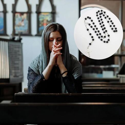 حبات المسبحة الكاثوليكية للنساء قلادة مسبحة بتصميم بسيط مع اللؤلؤ الاصطناعي بلون سادة هدية مثالية للنساء للصلاة تأتي مع حقيبة تخزين سوداء in Kuwait
