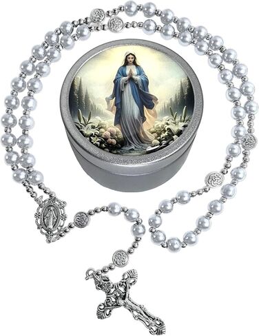 8mm Glass Pearl Rosary - Catholic Necklace for Men and Women Comes in a Metal Gift Box, First Communion Rosary Necklace as Gifts in Saudi Arabia