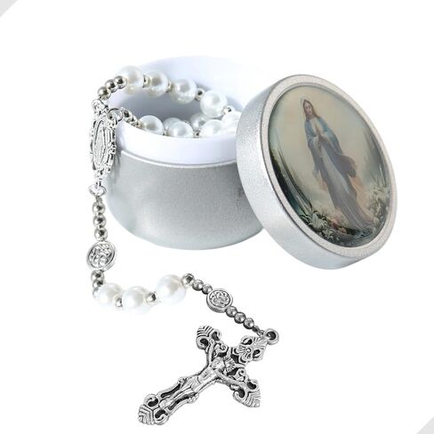 8mm Glass Pearl Rosary - Catholic Necklace for Men and Women Comes in a Metal Gift Box, First Communion Rosary Necklace as Gifts in Saudi Arabia