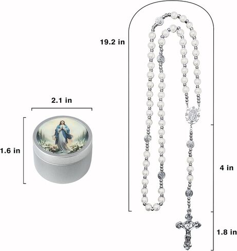 8mm Glass Pearl Rosary - Catholic Necklace for Men and Women Comes in a Metal Gift Box, First Communion Rosary Necklace as Gifts in Saudi Arabia