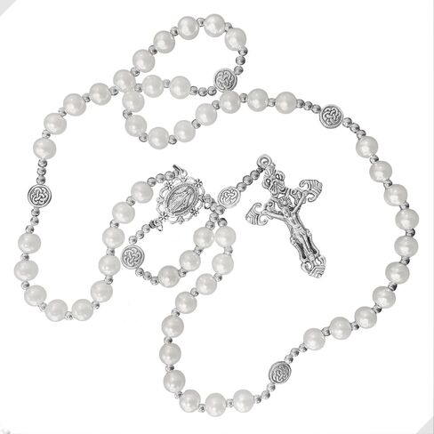 8mm Glass Pearl Rosary - Catholic Necklace for Men and Women Comes in a Metal Gift Box, First Communion Rosary Necklace as Gifts in Saudi Arabia