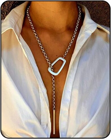 Long Slip Chain Necklace for Women, Silver Minimalist Y Shape Lariat Necklace Adjustable Collar Necklace Western Vintage Necklaces Jewelry Gifts for Women in Kuwait