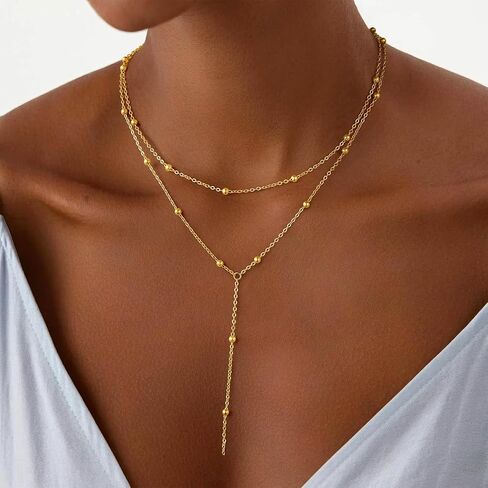 قلادة Lariat الذهبية للنساء، قلادة طويلة أنيقة 14 قيراط مطلية بالذهب على شكل حرف Y قلادة عصرية ذات طبقات مشبك ورق رابط سلسلة مطرزة قلادات سلسلة مجوهرات ذهبية بسيطة للنساء هدية in Kuwait
