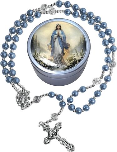 8mm Glass Pearl Rosary - Catholic Necklace for Men and Women Comes in a Metal Gift Box, First Communion Rosary Necklace as Gifts in Saudi Arabia