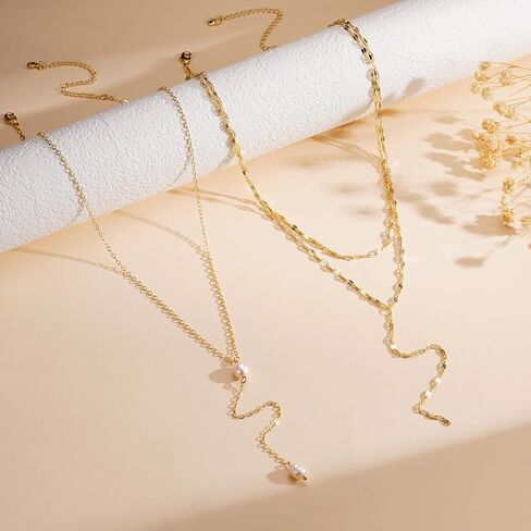 قلادة Lariat الذهبية للنساء، قلادة طويلة أنيقة 14 قيراط مطلية بالذهب على شكل حرف Y قلادة عصرية ذات طبقات مشبك ورق رابط سلسلة مطرزة قلادات سلسلة مجوهرات ذهبية بسيطة للنساء هدية in Kuwait