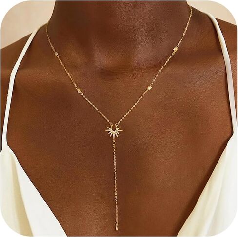 قلادة Lariat الذهبية للنساء، قلادة طويلة أنيقة 14 قيراط مطلية بالذهب على شكل حرف Y قلادة عصرية ذات طبقات مشبك ورق رابط سلسلة مطرزة قلادات سلسلة مجوهرات ذهبية بسيطة للنساء هدية in Kuwait