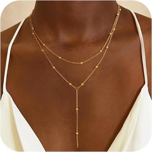 قلادة Lariat الذهبية للنساء، قلادة طويلة أنيقة 14 قيراط مطلية بالذهب على شكل حرف Y قلادة عصرية ذات طبقات مشبك ورق رابط سلسلة مطرزة قلادات سلسلة مجوهرات ذهبية بسيطة للنساء هدية in Kuwait