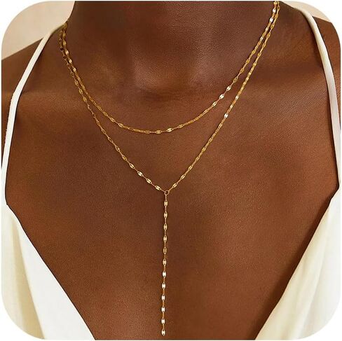قلادة Lariat الذهبية للنساء، قلادة طويلة أنيقة 14 قيراط مطلية بالذهب على شكل حرف Y قلادة عصرية ذات طبقات مشبك ورق رابط سلسلة مطرزة قلادات سلسلة مجوهرات ذهبية بسيطة للنساء هدية in Kuwait