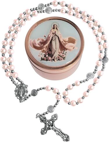 8mm Glass Pearl Rosary - Catholic Necklace for Men and Women Comes in a Metal Gift Box, First Communion Rosary Necklace as Gifts in Saudi Arabia