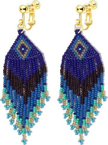 أقراط متدلية طويلة مطرزة بمشبك للنساء، غير مثقوبة، تصميم مجوهرات بوهو الاحتفالية، مجوهرات صيفية متدلية in Kuwait