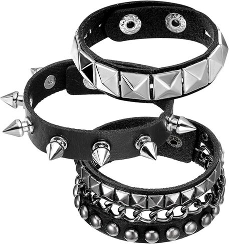 Bremorou Spiked Bracelet Set 3 Piece Punk Rock Studded Leather Cuff Bracelets Goth Jewelry Accessories For Cool Rocker Skater Biker Men & Women Adjustable Black Studded Arm Bands Wristband in Saudi Arabia